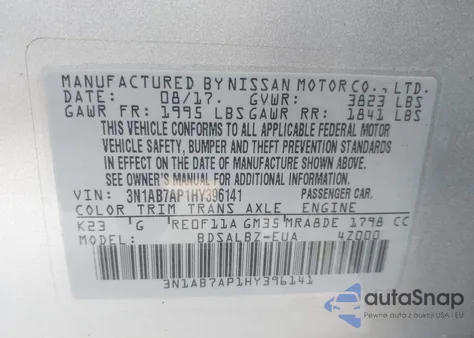 2017 Nissan Sentra S z USA, uszkodzony, nr VIN 3N1AB7AP1HY396141